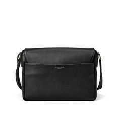 Reporter Black Leather Messenger Bag | Aspinal Black Calf Leather Shoulder Bag With Smooth Grain, Timeless Textured Leather Shoulder Bag For Business, Timeless Business Bag With Double Flap, Timeless Textured Leather Business Shoulder Bag, Classic Double Flap Office Bag, Modern Black Textured Leather Flap Bag, Timeless Leather Flap Bag, Classic Calf Leather Flap Bag For Everyday Use, Black Calf Leather Business Flap Bag