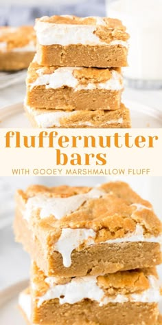 three pieces of cake with marshmallow fluff on top and the words, fluffyen butter bars