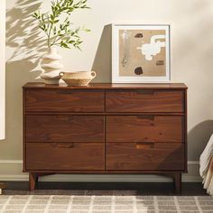 a wooden dresser sitting next to a potted plant on top of a rug in a room