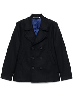 navy blue wool-cashmere blend felted finish double-breasted button fastening wide peak lapels two side welt pockets long sleeves American rear vent full lining straight hem Peacoat Men, Versace Outfit, Double Breasted Coat, Mens Fall, Blue Wool, Sweaters Knitwear, Mens Outerwear, Denim Pant, Paul Smith