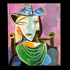 a painting of a woman sitting in a chair with a hat on top of her head