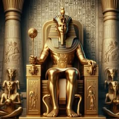 an egyptian pharaoh sitting in his throne surrounded by golden statues