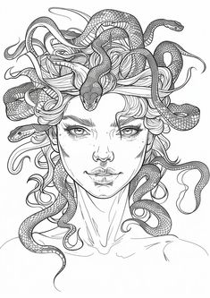 a drawing of a woman with snakes on her head and hair in the shape of a snake