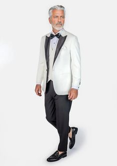 This Alabaster White Twill Tuxedo is the epitome of fashion style and sophistication. Crafted with meticulous attention to detail, this custom-made tuxedo will be a stunner. Enjoy the ultra formal look with this exquisite white tuxedo, fully customizable for you. Black satin peak lapels and accents distinguish this one button look - well paired with a black or white vest underneath. White Three-piece Suit With Notch Lapel, White Three-piece Suit With Suit Collar For Semi-formal Occasions, White Three-piece Suit For Semi-formal Occasions, White Three-piece Suit For Semi-formal Events, Fitted White Suit For Wedding, White Three-piece Suit With Notch Lapel For Party, Luxury White Blazer For Wedding, Luxury White Wedding Blazer, Luxury Fitted White Three-piece Suit