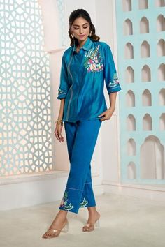 Peacock blue chanderi shirt featuring placed floral crochet embroidery. Paired with matching Italian cotton pant., Fit: Relaxed Floral Crochet, Crochet Collar, Shirt Embroidery, Shirt Collar, Aza Fashion, Custom Made, Pants Set, Types Of Sleeves, Pants For Women