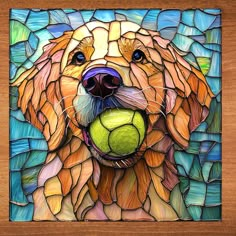 a stained glass dog with a tennis ball in it's mouth on a wooden frame