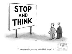 two men stand in front of a sign that says stop and think