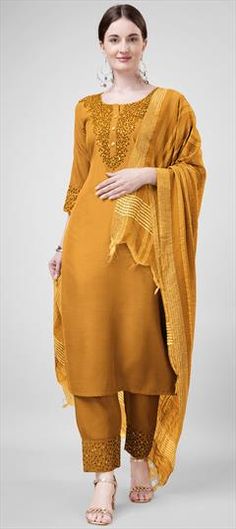 Yellow color Salwar Kameez in Blended Cotton fabric with Embroidered, Sequence, Thread work Thread Work, Yellow Fashion, Color Blending, Yellow Color, Salwar Kameez, Party Wear, Cotton Fabric, Yellow, Festival