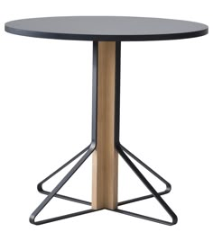 a round table with black metal legs and a wooden base on an isolated white background