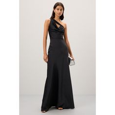 Black (Self: 100% Polyester, Contrast: 90% Recycled Rayon, 9% Nylon, 1% Spandex). Gown. Sleeveless. One-shoulder neckline. Back zipper closure. 58" from shoulder to hemline. Imported. Pre-draped One Shoulder Dress For Prom, Evening Gown With Fitted Bodice And Halter Neck, One-shoulder Bias Cut Dress For Prom, One Shoulder Bias Cut Dress For Prom, Satin Maxi Dress With Asymmetrical Neckline, One-shoulder Gown With Fitted Bodice For Evening, One-shoulder Evening Gown With Fitted Bodice, One-shoulder Gown With Fitted Bodice For Cocktail, Chic Satin Gown With Asymmetrical Neckline