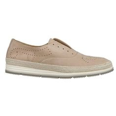 Perforated nubuck upper with lace up holes. The tongue has elastic on either side for a secure fit. Super suede insole is heavily padded for the utmost comfort. Sits on a natural rope midsole with coordinating nabuk insert and a layered white and gray rubber bottom on a 1" heel. Size: 8.  Color: Beige.  Gender: female.  Age Group: adult. Beige Suede Sneakers With Perforated Toe Box, Suede Slip-on Sneakers With Leather Sole And Round Toe, Beige Suede Sneakers With Textured Sole, Beige Suede Sneakers With Perforations, Beige Suede Sneakers With Stitched Sole, Suede Lace-up Shoes With Rubber Sole And Round Toe, Beige Leather Walking Shoes With Rubber Sole, Beige Leather Slip-on Walking Shoes, Comfortable Low-top Leather Shoes With Removable Insole