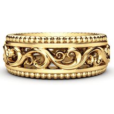 Our men's gold band is a unique design made of 14K gold that combines both masculinity and class for a piece of jewelry you're bound to cherish for the rest of your life. 💗 **NEW** Live Chat With Us 💬 💗 http://bit.do/Camellia-Jewelry SETTING #SKU: MB-0025A Metal: 14K Yellow Gold  (Also Available in 14K White Gold or 14K Rose Gold - No Extra Charge) Width: 8 mm. The item will be sent in an elegant jewelry gift box. Handling time is 7-10 business days, and delivery time is 1-3 business days, th Yellow Gold Bands With Intricate Design, Yellow Gold Bands With Intricate Design In 14k, Intricate Design 14k Yellow Gold Bands, Classic Yellow Gold Band With Intricate Design, 14k Yellow Gold Bands With Intricate Design, Yellow Gold Filigree Ring With Decorative Band For Anniversary, Anniversary Filigree Ring In Yellow Gold With Decorative Band, Anniversary Yellow Gold Filigree Ring With Decorative Band, Formal Gold Filigree Ring With Decorative Band