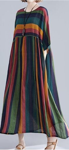 loose Striped Long Linen Batwing Women Spring Dresses Plus Size Spring Dresses Women, Maxi Robes, Oversized Dress, Plus Size Maxi, Mori Girl, Plus Size Maxi Dresses, Maxi Dresses Casual, Floral Stripe, Loose Dress