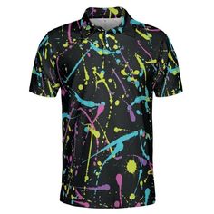 Bright Splattered Paint Polo Shirt. If you love colorful designs that are sure to grab people's attention then this eye-catching Bright Splattered Paint Polo Shirt is perfect for you! Features a design of bright multicolored paint splattered onto a black background. If you love unique creations then this is the perfect polo shirt for you. Classy yet very comfortable to wear; this polo shirt is perfect to keep you cool and dry all day. Product Details Step out with an instant classic! This polo s Multicolor Graffiti Print T-shirt For Summer, Summer Streetwear Tops With Paint Splatter, Casual Short Sleeve Paint Splatter Top, Casual Short Sleeve Tops With Paint Splatter, Multicolor Abstract Print Casual T-shirt, Casual Paint Splatter Tops Relaxed Fit, Casual Relaxed Fit Tops With Paint Splatter, Casual Paint Splatter Tops For Summer, Summer Short Sleeve T-shirt With Paint Splatter