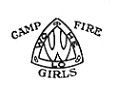 the camp fire girls logo is shown in black and white, with a tent on it