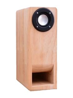 a wooden speaker with black speakers on it's front and back sides, in the shape of a cube