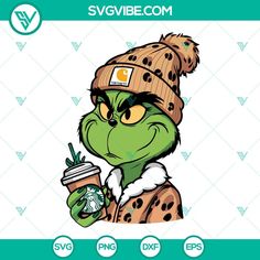 the grin is holding a starbucks cup and wearing a leopard print on his hat, while he