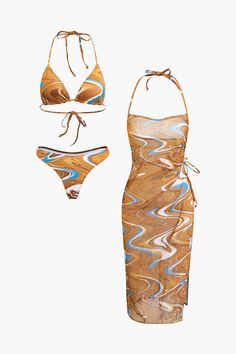 Abstract Print Tie Halter Bikini And Slit Midi Dress Swimsuit Set Y2k Abstract, Earth Tone Dress, Dress Swimsuit, Swimsuits Outfits, Abstract Dress, Media Screen, Swimwear Trends, Unique Women, Cruise Outfits