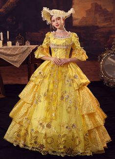 Yellow 18th Century Inspired Ball Gown Dress for Women Condition: Brand New  Color:Yellow  Material: This dress made of High Quality Jacquard, soft,smooth and comfortable to wear  Sleeve Length: Half Flare Sleeve  Dresses Length:Floor-Length  Neckline: amp;nbsp; Square Collar  Decoration: Ruffles + Lace + Bow  Package Includes: One Dress (The Hat not includes)   The length of skirt about 45 inches (114 cm) long from waist to hem regardless of size. This dress is pictured with a 6-hoop skirt Pett Gothic Masquerade, Masquerade Party Dresses, Marie Antoinette Costume, Masquerade Ball Gown, Tudor Dress, Masquerade Wedding, Ball Gown Dress, Period Dress, Hoop Skirt