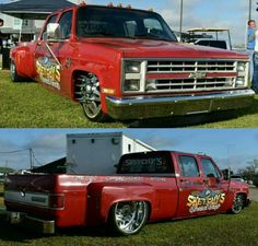 two pictures of an old red truck parked in the grass