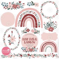 the floral rainbow clipart set includes flowers, leaves and other decorative elements in pink