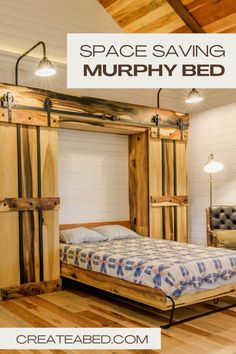 a bed sitting in the middle of a room next to a wooden wall and ceiling