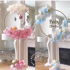 two photos of balloons and decorations in front of a mirror