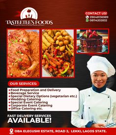 the flyer for tasteless foods is designed to look like it has an image of a woman in chef's uniform