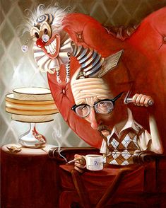 a painting of a man eating cake and clown