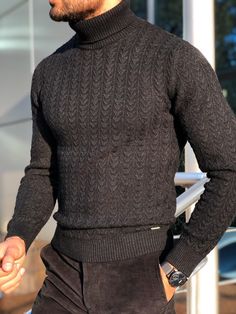 Heritage Black Slim Fit Turtleneck-baagr.myshopify.com-sweatshirts-BOJONI Turtleneck Outfit Men, Mens Knit Sweater, Oc Outfits, Turtleneck Outfit, Mens Turtleneck, Male Style, Men Fashion Casual Shirts, Mens Attire, Code Black