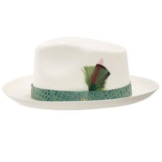 ↑ Click above to watch the video! ↑ The Portofino Enzo is a Panama hat that features an original exquisite hatband. The beautiful colorful feather compliments the leather hatband. The snap brim can be folded down or up to give a classic or modern style. This item is a genuine Panama hat handwoven in Ecuador and hand-finished in Seattle, Washington. This style is a Limited Edition. Material: 100% straw Brim: approx 2 5/8 inches crown: approx 4 1/4 inches Hatband: approx 1 inch Climate: Spring-Sum Luxury Curved Brim Fedora For Spring, Luxury Spring Fedora Hat, Luxury Flat Brim Fedora For Spring, Adjustable Fur Felt Hat For Kentucky Derby, Fitted Wide Brim Hat For Derby, Luxury Short Brim Straw Hat For Kentucky Derby, Luxury Wide Brim Adjustable Fedora, Luxury Fitted Summer Fedora, Adjustable Brimmed Hat For Derby