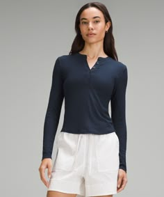 Super Soft And Loves To Layer. This Lightweight Henley Long Sleeve Delivers Just-Right Stretch And A Second-Skin Fit. Designed For Casual. Contours Your Body:not Too Short, Not Too Long, Just Right Around The Waistband. Wear The Front Buttons Open Or Closed. | Hold Tight Long-Sleeve Henley Versatile Lululemon Tops For Fall, Versatile Everyday Tops By Lululemon, Versatile Everyday Lululemon Tops, Fitted Long Sleeve Lululemon Tops, Fitted Lululemon Tops, Henley Outfit, Birthday 24, Style Analysis, Women's Henley