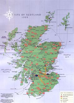 a map of scotland with all the towns and major roads on it's side