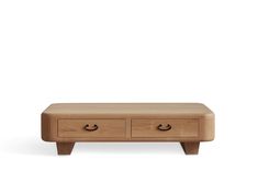 a wooden bench with two drawers on it's legs and one drawer open to show the