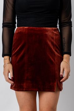 Velvet mini skirt amber rust | Lush Fashion Lounge: boutique fashion skirts, affordable boutique skirts, cute affordable skirts Velvet Skirt Outfit, Velvet Mini Skirt, Velvet Skirt, Skirt Outfit, Chunky Sweater, Cute Skirts, Women's Boutique, Oklahoma City, Ladies Boutique