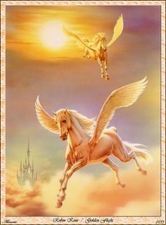 two white horses are flying in the sky with their wings spread out and there is a castle in the background