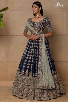 Lehenga Designs Navy Blue, Dark Lehenga Indian Weddings, Dark Blue Lengha Bridal, Navy Blue Wedding Lehenga, Navy Blue Lengha Wedding, Navy Blue Indian Wedding Dress, Royal Blue Lengha Wedding, Navy Blue Desi Wedding Dress, Dark Blue Desi Wedding Dress