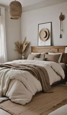 a bedroom with a bed, rugs and pictures hanging on the wall above it