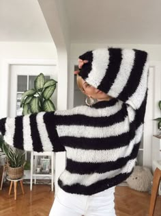 Black And White Striped Knit Sweater, Black And White Knitted Sweater, Wool Sweater Aesthetic, Bridal Sweater, Sweater Stripe, Mohair Jumpers, Black White Sweater, Chunky Turtleneck Sweater, Skandinavian Fashion