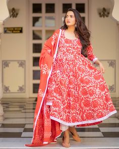 Cotton Dress Set - Red Colored Dabu Print - www.riafashions.com Indian Kurtis, Dabu Print, Women Kurta, Designer Anarkali, Cotton Dupatta, Kurta Designs Women, Online Shopping India, Printed Cotton Dress, Ethnic Print