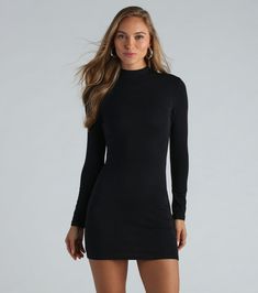 High Appeal Mock Neck Bodycon Mini Dress | Windsor Sleek High Neck Spring Bodycon Dress, Trendy Stretch Mini Dress For Fall, High Neck Stretch Elastane Bodycon Dress, Elastane Bodycon Dress For Fall, Stretch Long Sleeve Turtleneck For Night Out, Fitted High-neck Turtleneck For Night Out, Fitted High Neck Turtleneck For Night Out, Fall Mini Length Elastane Bodycon Dress, Fall Mini-length Elastane Bodycon Dress