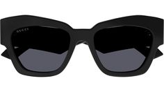 Gucci sunglasses model GG1422S GG Logo eyewear collection cat eye recycled acetate frame featuring shiny solid black frame and black lens. Gucci Cat Eye Polarized Sunglasses, Classic Gucci Cat Eye Sunglasses, Gucci Cat Eye Polarized Sunglasses For Evening, Gucci Black Cat Eye Sunglasses With Tinted Lenses, Gucci Black Tinted Cat Eye Sunglasses, Black Gucci Sunglasses With Mirrored Lenses, Trendy Gucci Black Cat Eye Sunglasses, Black Gucci Cat Eye Sunglasses For Evening, Chic Black Gucci Cat Eye Sunglasses