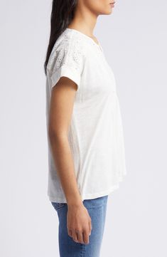 An airy openwork design tops this floaty top perfect for when the weather warms up. 24 1/2" length (size medium) Split neck Short sleeves 60% cotton, 40% modal with 100% cotton contrast Machine wash, tumble dry Imported Relaxed Fit V-neck Pointelle Knit Top, Casual V-neck Eyelet Blouse, Spring Cotton Lace Top With V-neck, Relaxed Fit Eyelet Tops For Daywear, Eyelet Tops With Relaxed Fit For Daywear, V-neck Pointelle Knit Top For Day Out, Cotton Eyelet V-neck Top, Spring V-neck Tops With Broderie Anglaise, Casual Airy Tops For Summer