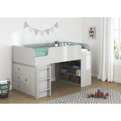 a child's bed with a desk and bookcase underneath it in a room