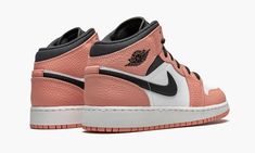 The Air Jordan 1 Mid GS “Pink Quartz” is the youth sizing of the mid-top version of one of the most popular shoes of all time.  The soothing colorway features pebbled Pink Quartz leather on the toe cap, collar, and heel.  A clean white leather base comprises the perforated toe and mid-panel.  Classic branding, like the Swoosh and Wings logo on the collar, add a nostalgic touch to the shoe.  The Air Jordan 1 Mid in grade school sizing is finished off with contrasting black cotton laces, a white m Air Jordan 1 Mid Pink Quartz, Jordan 1 Mid Pink Quartz, Jordan 1 Mid Pink, Air Jordan 1 Mid Gs, Nike X Travis Scott, Most Popular Shoes, Classic Branding, Nike Air Jordan 1 Mid, Sneakers Looks