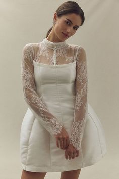 BHLDN Long-Sleeve High-Neck Lace Fit & Flare Mini Dress Long Sleeve Lace Wedding Dress Short, Winter Bridal Looks, White Dress Short Formal, Registry Office Wedding Dress, Bhldn Bride, Long Sleeve Babydoll Dress, Vintage Inspired Wedding Dresses, Bhldn Dresses, Anthropologie Wedding