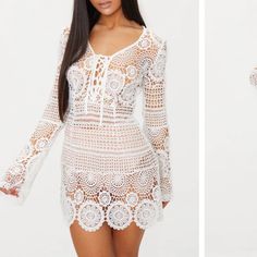 New Long Sleeve V-Neck No Damage White Lace Bodycon Dress, White Lace Bodycon, White Crochet Dress, Sleeve Crochet, Crochet Lace Dress, Crochet Mini Dress, Crochet Dress Pattern, Lace Bodycon, Lace Bodycon Dress