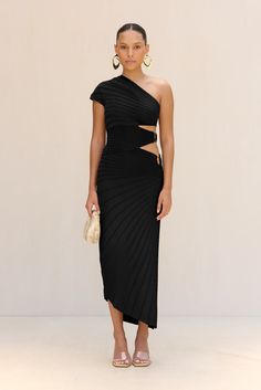 CULT GAIA LURENZ KNIT DRESS IN BLACK Black Dress With Gold Rings, Long Asymetric Dress, Sleek Ribbed Party Dress, Modern Black Asymmetrical Evening Dress, Asymmetrical Black Cutout Dresses, Black Ribbed Evening Dress, Modern Black Asymmetrical Party Dress, Cult Gaia Dress, Day Party Dress