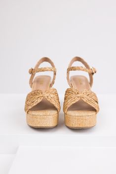 Raffia straw style knit Nude lightly cushioned insole Stacked heel Open toe Square toe Ankle strap with buckle closure Shaft: 5" Adjustable circumference Heel: 4" Platform: 1.5" Product measured on size 8 Womens Espadrilles Wedges, Platform Block Heels, Platform Sandals Heels, Platform Heel, 4 Inch Heels, Toe Designs, Espadrilles Wedges, Heeled Sandals, Strappy Heels