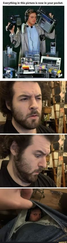 three different images of a man with long hair and beards, one in the process of cutting another's hair